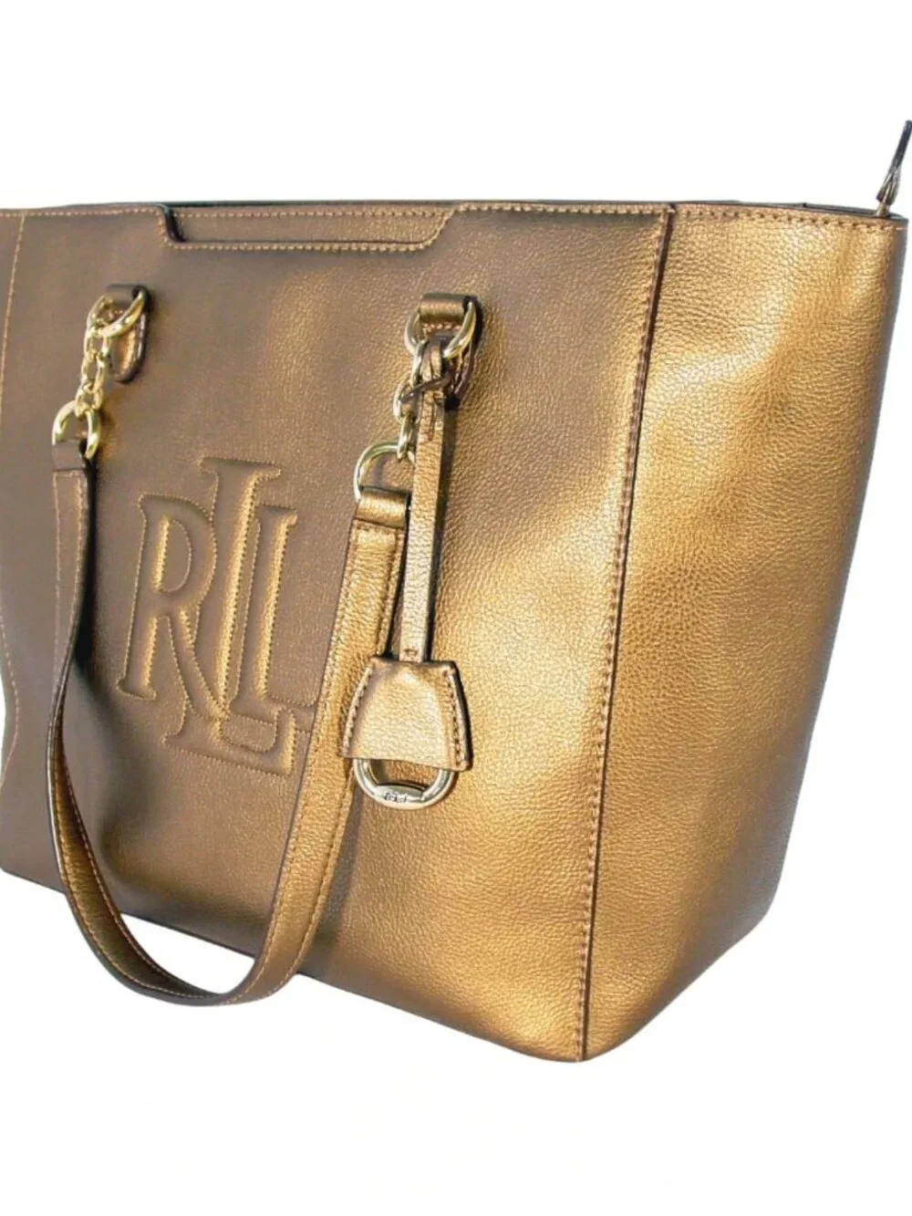 RLL Lauren Ralph Lauren Large Metallic Bronze Gold Leather Zip Tote Bag - Picture 4 of 11